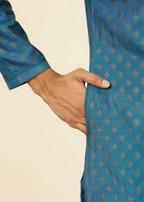 alt message - Manyavar Men Teal Blue Kurta Set with Buta Motifs image number 3